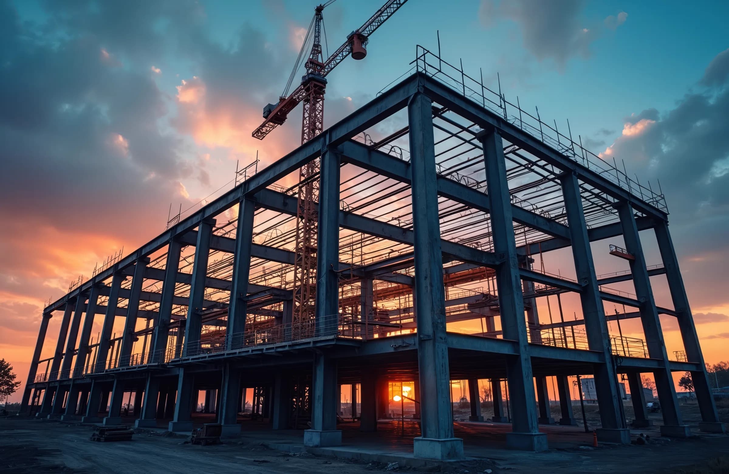 Steel construction under build at sunset with tower crane